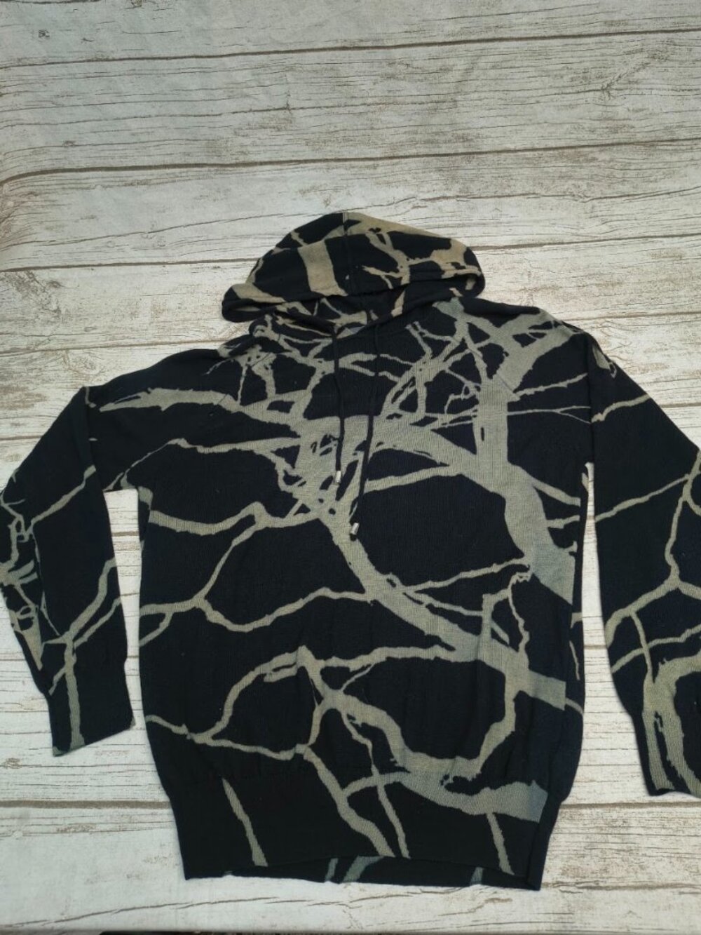 Alexander McQueen Black and Tan Branch Abstract 100% Wool Hooded Sweater